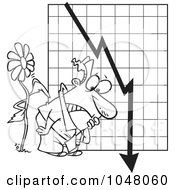 Royalty Free RF Clip Art Illustration Of A Cartoon Black And White Outline Design Of A Flower Tapping On A Man By A Failing Chart
