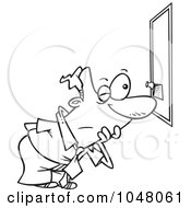 Royalty Free RF Clip Art Illustration Of A Cartoon Black And White Outline Design Of A Businessman Reading A Tiny Memo