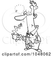 Poster, Art Print Of Cartoon Black And White Outline Design Of A Stinky Businessman Holding Coffee