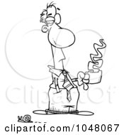 Royalty Free RF Clip Art Illustration Of A Cartoon Black And White Outline Design Of A Businessman Holding Coffee And Watching A Snail Pass by toonaday