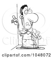 Poster, Art Print Of Cartoon Black And White Outline Design Of A Snooping Black Businessman Holding A Stethoscope To A Wall