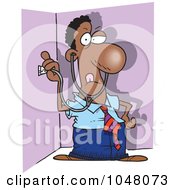Poster, Art Print Of Cartoon Snooping Black Businessman Holding A Stethoscope To A Wall