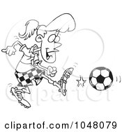 Poster, Art Print Of Cartoon Black And White Outline Design Of A Soccer Girl Kicking