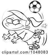 Poster, Art Print Of Cartoon Black And White Outline Design Of A Soccer Girl Doing A Kick Trick