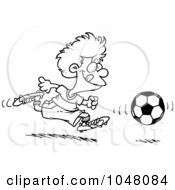 Poster, Art Print Of Cartoon Black And White Outline Design Of A Boy Running After A Soccer Ball