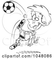 Poster, Art Print Of Cartoon Black And White Outline Design Of A Boy Doing A Soccer Kick