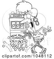 Cartoon Black And White Outline Design Of A Woman Winning The Jackpot