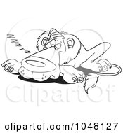 Royalty Free RF Clip Art Illustration Of A Cartoon Black And White Outline Design Of A Sleeping Lion Wearing A Cap by toonaday