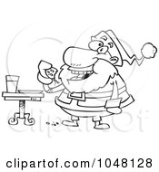 Royalty Free RF Clip Art Illustration Of A Cartoon Black And White Outline Design Of Santa Eating Cookies