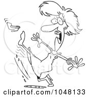 Royalty Free RF Clip Art Illustration Of A Cartoon Black And White Outline Design Of A Woman Slipping In A Puddle