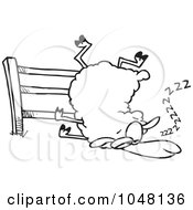 Royalty Free RF Clip Art Illustration Of A Cartoon Black And White Outline Design Of A Sleepy Sheep By A Fence by toonaday