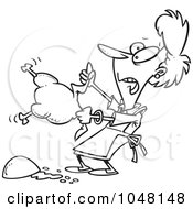 Royalty Free RF Clip Art Illustration Of A Cartoon Black And White Outline Design Of A Woman Preparing A Slippery Chicken by toonaday
