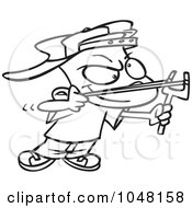 Cartoon Black And White Outline Design Of A Slingshot Boy