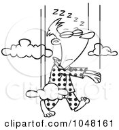 Royalty Free RF Clip Art Illustration Of A Cartoon Black And White Outline Design Of A Man Falling While Sleep Walking