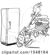 Royalty Free RF Clip Art Illustration Of A Cartoon Black And White Outline Design Of A Guy Eating A Huge Midnight Snack by toonaday
