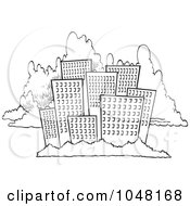 Poster, Art Print Of Cartoon Black And White Outline Design Of A City Skyline Against Clouds