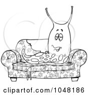 Royalty Free RF Clip Art Illustration Of A Cartoon Black And White Outline Design Of A Slimy Slug On A Sofa by toonaday
