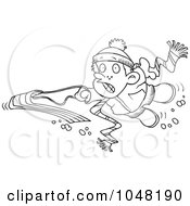 Royalty Free RF Clip Art Illustration Of A Cartoon Black And White Outline Design Of A Winter Boy Falling Off His Sled by toonaday