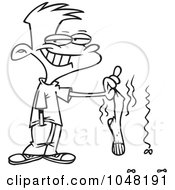 Royalty Free RF Clip Art Illustration Of A Cartoon Black And White Outline Design Of A Boy Holding A Smelly Sock