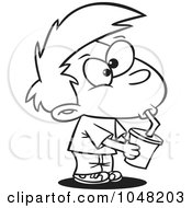 Royalty Free RF Clip Art Illustration Of A Cartoon Black And White Outline Design Of A Boy Drinking Soda