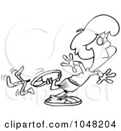 Cartoon Black And White Outline Design Of A Woman Slipping On A Banana Peel