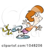 Royalty Free RF Clip Art Illustration Of A Cartoon Woman Slipping On A Banana Peel by toonaday
