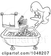 Royalty Free RF Clip Art Illustration Of A Cartoon Black And White Outline Design Of A Woman Reading In The Bath Tub by toonaday