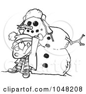 Poster, Art Print Of Cartoon Black And White Outline Design Of A Boy Putting A Head On A Snowman