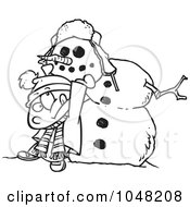 Royalty Free RF Clip Art Illustration Of A Cartoon Black And White Outline Design Of A Boy Putting A Head On A Snowman by toonaday
