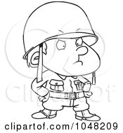 Royalty Free RF Clip Art Illustration Of A Cartoon Black And White Outline Design Of A Strict Soldier Boy by toonaday