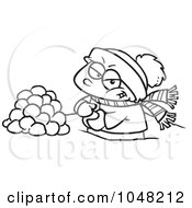 Poster, Art Print Of Cartoon Black And White Outline Design Of A Boy Making Snowballs For A Fight