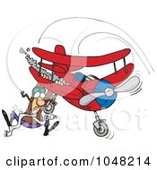 Cartoon Pilot Hanging On His Biplane