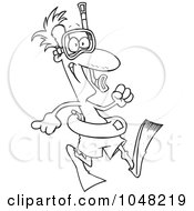 Royalty Free RF Clip Art Illustration Of A Cartoon Black And White Outline Design Of A Walking Snorkeler by toonaday