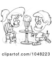 Cartoon Black And White Outline Design Of A Boy And Girl Sharing A Milkshake