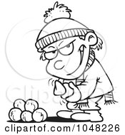 Poster, Art Print Of Cartoon Black And White Outline Design Of A Boy Gathering Snowballs For A Fight