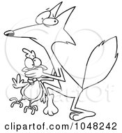 Royalty Free RF Clip Art Illustration Of A Cartoon Black And White Outline Design Of A Fox Stealing A Chicken by toonaday