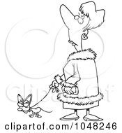 Cartoon Black And White Outline Design Of A Snotty Woman Walking Her Tiny Dog