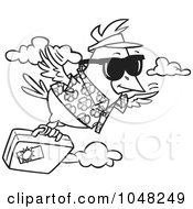 Poster, Art Print Of Cartoon Black And White Outline Design Of A Traveling Bird Flying With Luggage
