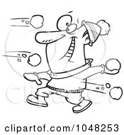 Poster, Art Print Of Cartoon Black And White Outline Design Of A Guy In A Snowball Fight