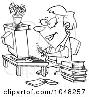 Royalty Free RF Clip Art Illustration Of A Cartoon Black And White Outline Design Of A Businesswoman Working On A Computer