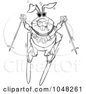 Poster, Art Print Of Cartoon Black And White Outline Design Of A Skiing Rabbit