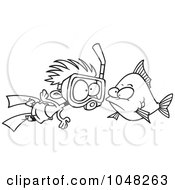Royalty Free RF Clip Art Illustration Of A Cartoon Black And White Outline Design Of A Snorkeler Boy By A Fish by toonaday