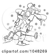Poster, Art Print Of Cartoon Black And White Outline Design Of A Winter Golfer