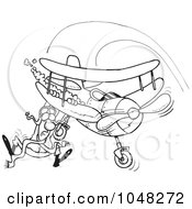 Poster, Art Print Of Cartoon Black And White Outline Design Of A Pilot Hanging On His Biplane