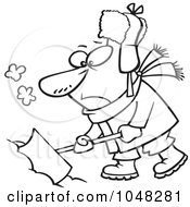 Royalty Free RF Clip Art Illustration Of A Cartoon Black And White Outline Design Of A Grumpy Snow Shoveler by toonaday