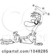 Royalty Free RF Clip Art Illustration Of A Cartoon Black And White Outline Design Of Socks Knocked Off A Guy by toonaday