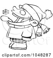 Poster, Art Print Of Cartoon Black And White Outline Design Of A Boy Catching Snowflakes With His Tongue