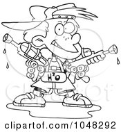 Royalty Free RF Clip Art Illustration Of A Cartoon Black And White Outline Design Of A Boy Holding Two Soaker Guns by toonaday
