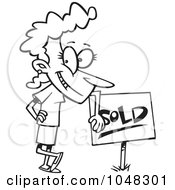 Cartoon Black And White Outline Design Of A Woman Leaning On A Sold Sign