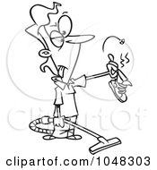 Royalty Free RF Clip Art Illustration Of A Cartoon Black And White Outline Design Of A Vacuuming Woman Holding A Stinky Shoe